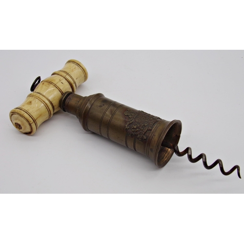 123 - A 19th century Edward Thomason corkscrew, bone handle, brass barrel mounted with the royal coat of a... 