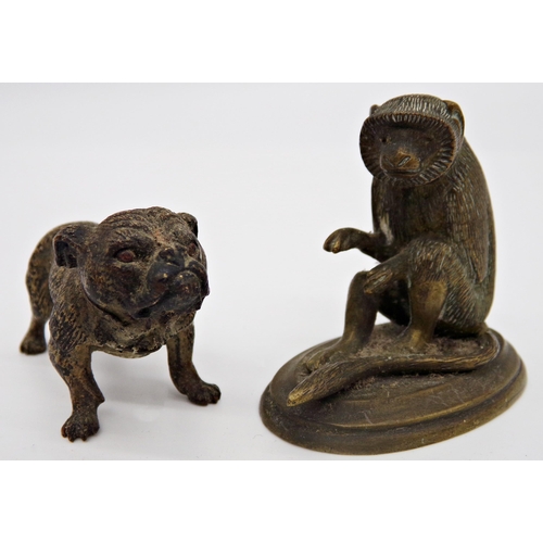 125 - Probably Austrian cold painted bronze figure of a bulldog, 5cm long with a further bronze seated mon... 