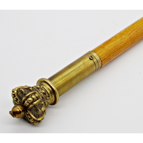 126 - Brass and oak church sceptre, mounted by a crown, 45cm long with a photograph for provenance