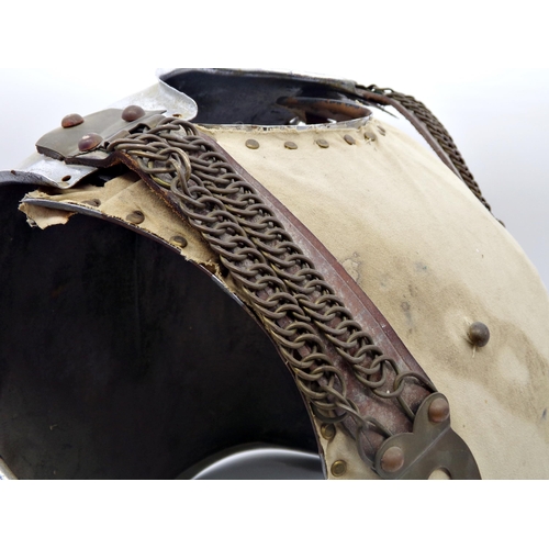 131 - 18th century Cavalier's breast plate, with chain and leather straps, 44cm high