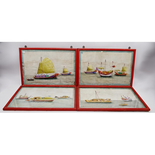 95 - Early 20th century Chinese school - four marine scenes with colourful ships, gouache on silk, 20 x 3... 