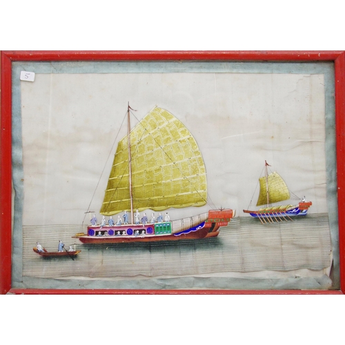 95 - Early 20th century Chinese school - four marine scenes with colourful ships, gouache on silk, 20 x 3... 