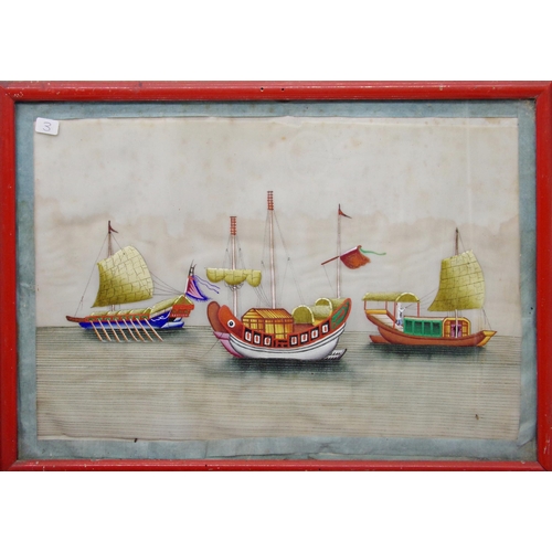 95 - Early 20th century Chinese school - four marine scenes with colourful ships, gouache on silk, 20 x 3... 