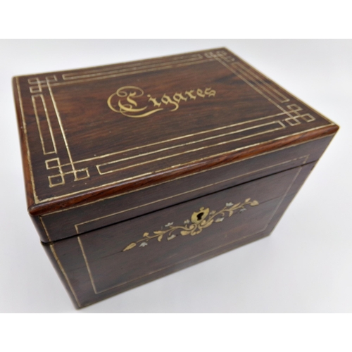 150 - Good quality 19th century rosewood and brass inlaid cigar box, the hinged lid enclosing a fitted seg... 