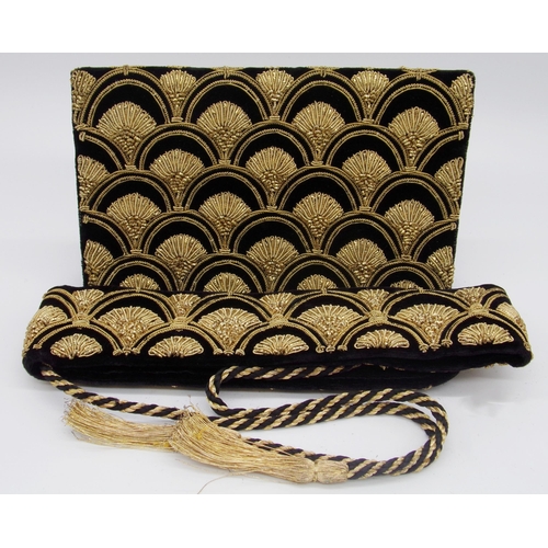 495 - Art deco clutch bag or purse with geometric gold thread fan decoration, with matching strap