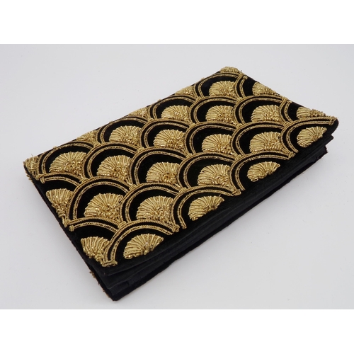 495 - Art deco clutch bag or purse with geometric gold thread fan decoration, with matching strap