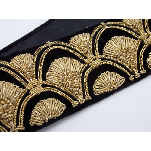 495 - Art deco clutch bag or purse with geometric gold thread fan decoration, with matching strap