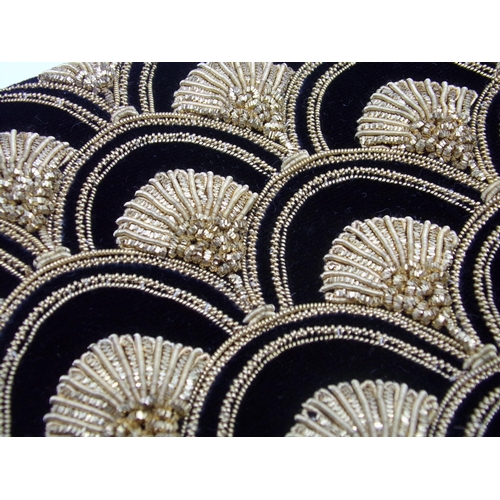 495 - Art deco clutch bag or purse with geometric gold thread fan decoration, with matching strap