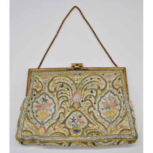 494 - Good quality vintage ladies purse, with gilt clasp and hand embraided Islamic type decoration, 14 x ... 