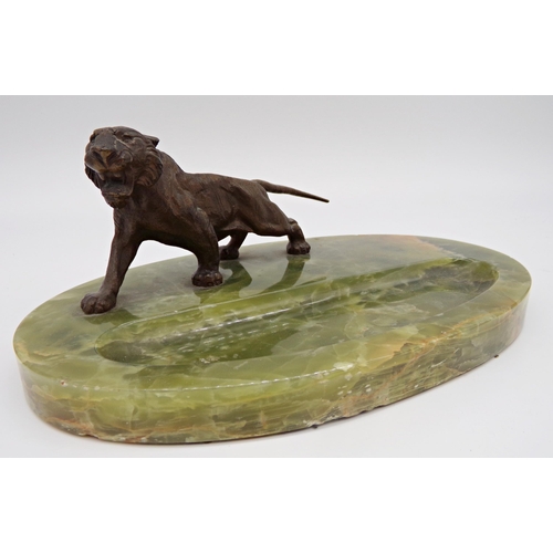 152 - Asprey art deco green onyx tray mounted by a bronze tiger, 25.5cm long