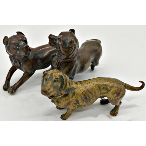 155 - Austrian miniature cold painted bronze of a Dachshund, 7cm long with a further miniature bronze of t... 