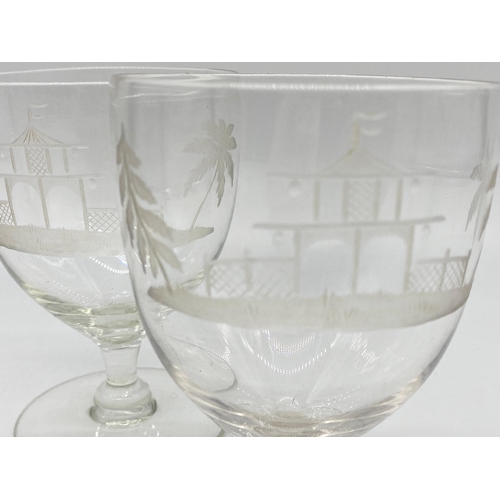 67 - Good quality pair of Georgian rummer glasses etched with a pagoda garden landscape, 12 cms high