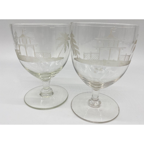 67 - Good quality pair of Georgian rummer glasses etched with a pagoda garden landscape, 12 cms high