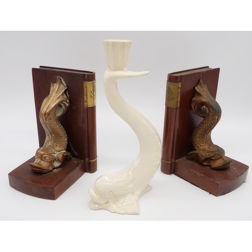 158 - HMS Dolphin - pair of bookends, with gilt cast metal dolphin brackets, with HMS Dolphin crest on the... 