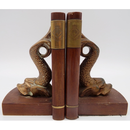 158 - HMS Dolphin - pair of bookends, with gilt cast metal dolphin brackets, with HMS Dolphin crest on the... 