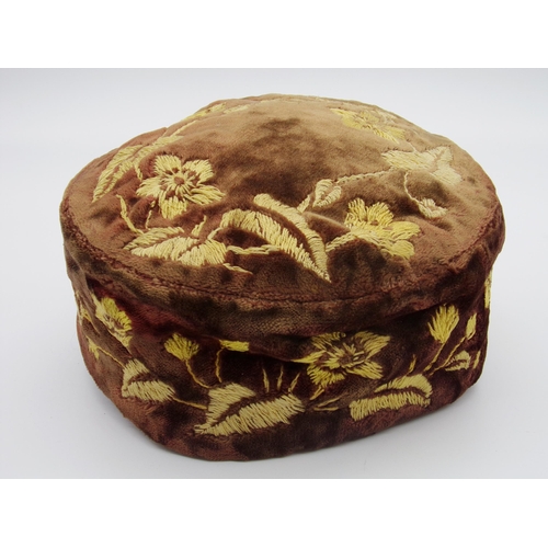 493 - Eastern stitched velvet smoking hat or cap, 19cm diameter