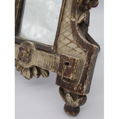 161 - Good antique continental carved and painted pine easel mirror, mounted with a floral bouquet with fu... 