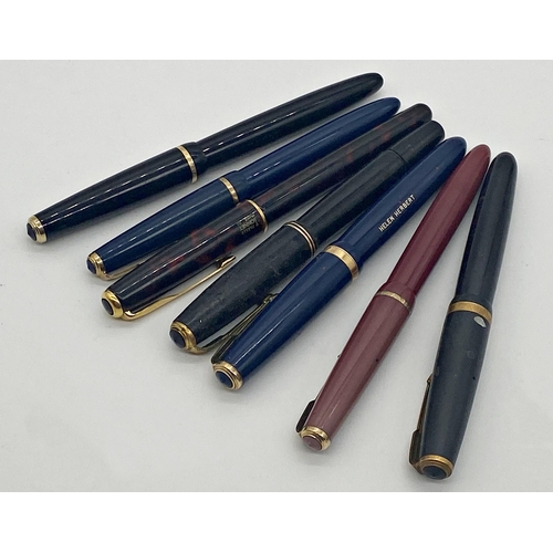 164 - Vintage Parker fountain pen with 18k gold nib, with six further Parker fountain pens with 14k gold n... 