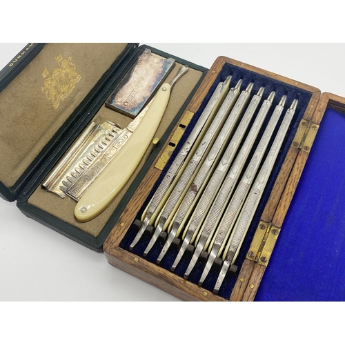 166 - Good oak cased seven day cut throat razor set by L Mortimer of Cambridge, each razor inscribed with ... 