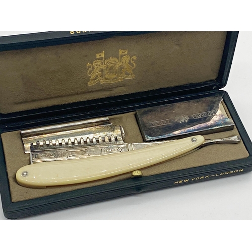 166 - Good oak cased seven day cut throat razor set by L Mortimer of Cambridge, each razor inscribed with ... 