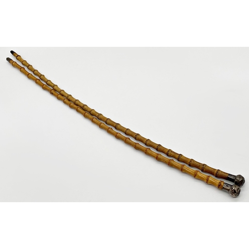 168 - Pair of silver topped bamboo 'vertebrae' walking canes, 75cm long