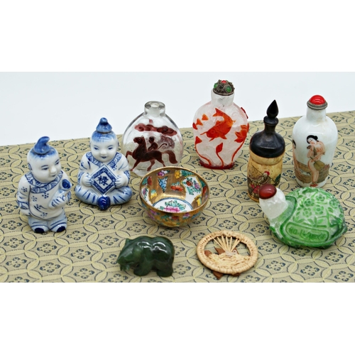 103 - Five Chinese snuff bottles to include novelty glass example in the form of a tortoise, two further g... 