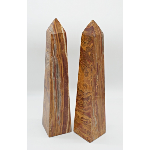 175 - Impressive pair of carved lace agate stone obelisks, 46cm high