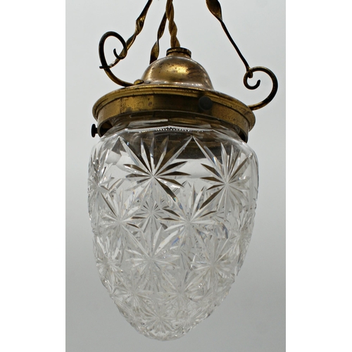 70 - Arts and Crafts gilt brass hanging lantern, fitted with a star cut glass shade 33cm high, with set o... 