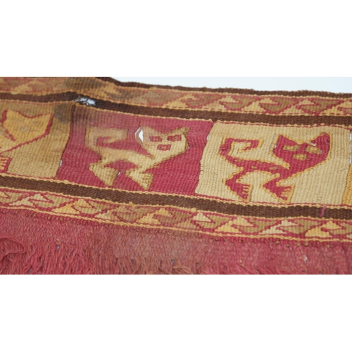 116 - Seven 12th century Peruvian Chancay textile pieces, comprising four fragments with animals and wildl... 