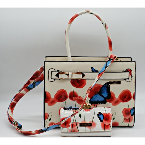 498 - Ted Baker Butterfly and poppy pattern bag and purse, the bag 27 x 34cm