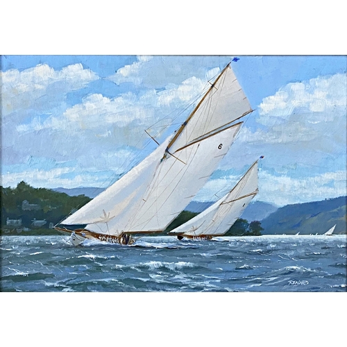 606 - Stephen J Renard (British, b. 1947) - Yacht Racing on the Clyde, signed, oil on panel, 20 x 29cm, fr... 