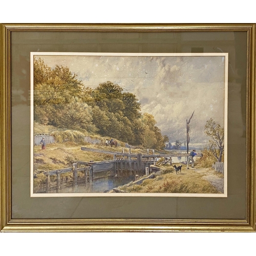 613 - English School (Late 19C) - The Lock, monogrammed 'TS', watercolour, 45 x 68cm, framed