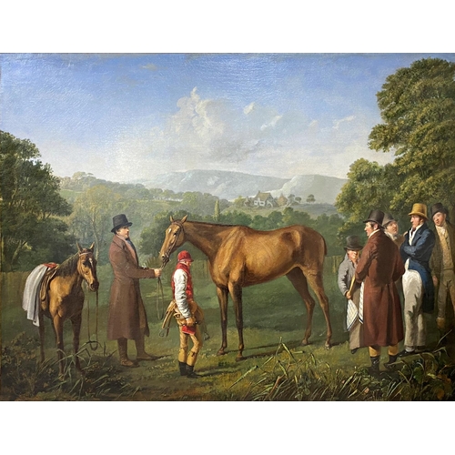 615 - Circle of Jacques-Laurent Agasse (1767 - 1849, Swiss) - A bay racehorse held by a trainer in an exte... 