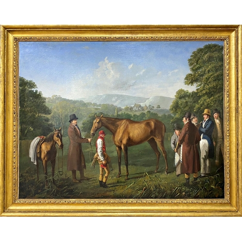 615 - Circle of Jacques-Laurent Agasse (1767 - 1849, Swiss) - A bay racehorse held by a trainer in an exte... 