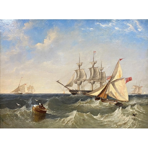 620 - James Wilson Carmichael (1800-1868) - Naval cutters on choppy waters off Spithead, signed, oil on ca... 