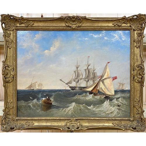 620 - James Wilson Carmichael (1800-1868) - Naval cutters on choppy waters off Spithead, signed, oil on ca... 