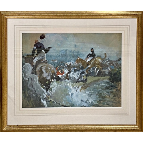 622 - Gilbert Holiday (1879-1937) - Huntsman falling off his horse, signed, gouache, 38 x 51.5 cm, framed