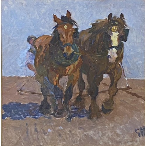 623 - Follower of Gilbert Holiday (1879-1937) - working shire horses, monogrammed GH, oil on canvas laid o... 