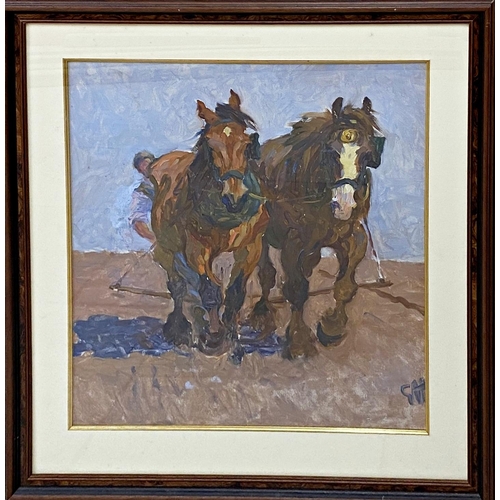 623 - Follower of Gilbert Holiday (1879-1937) - working shire horses, monogrammed GH, oil on canvas laid o... 