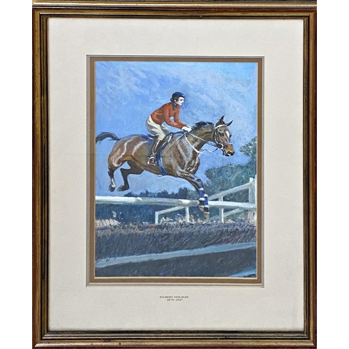 632 - Gilbert Holiday (1879-1937) - Female rider over the fence, signed, mixed media, 36.5 x 25cm, framed