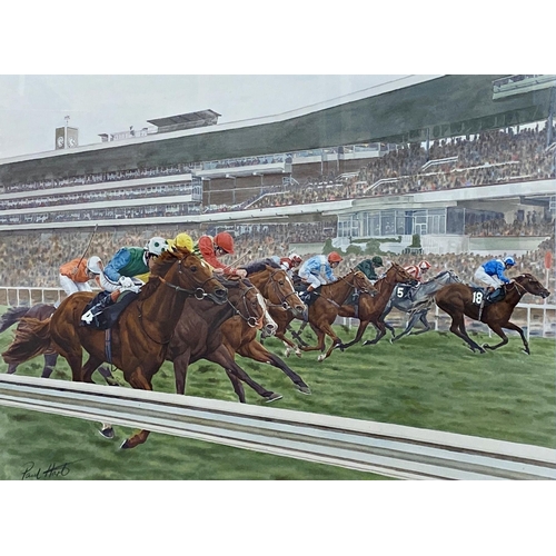 637 - Paul Hart (20th / 21st century) - Racing at Newmarket, signed, watercolour, 39 x 56cm, framed