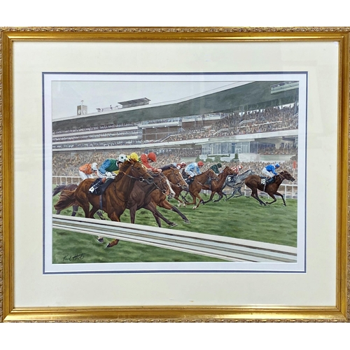 637 - Paul Hart (20th / 21st century) - Racing at Newmarket, signed, watercolour, 39 x 56cm, framed