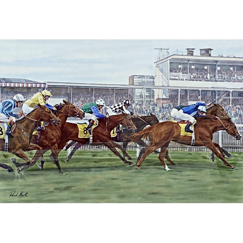 638 - Paul Hart (20th / 21st century) - Racing at York, signed, watercolour, 34 x 54cm, framed