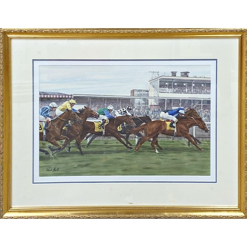 638 - Paul Hart (20th / 21st century) - Racing at York, signed, watercolour, 34 x 54cm, framed