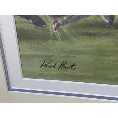 638 - Paul Hart (20th / 21st century) - Racing at York, signed, watercolour, 34 x 54cm, framed