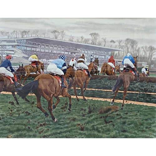 640 - Paul Hart (20th / 21st century) - Racing at Sandown Park, signed, watercolour, 41 x 55cm, framed