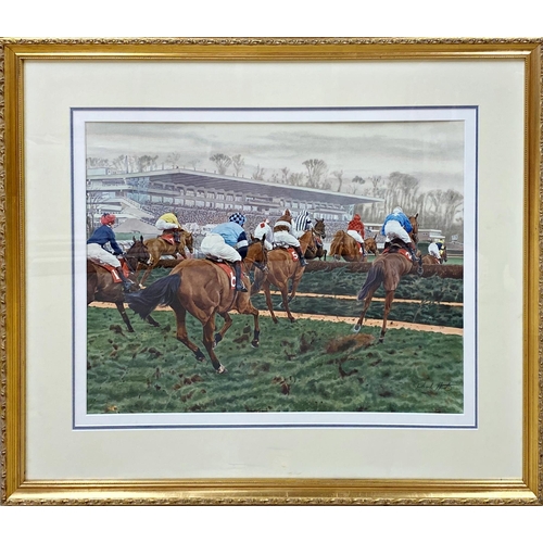 640 - Paul Hart (20th / 21st century) - Racing at Sandown Park, signed, watercolour, 41 x 55cm, framed