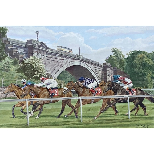 641 - Paul Hart (20th / 21st century) - Racing at Chester, signed, watercolour, 34.5 x 53cm, framed