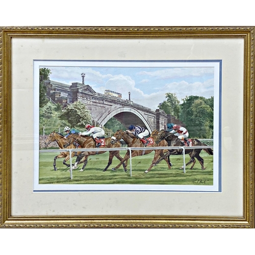 641 - Paul Hart (20th / 21st century) - Racing at Chester, signed, watercolour, 34.5 x 53cm, framed