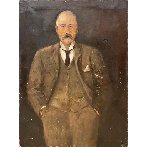 646 - Early 20th century school - portrait of a standing gentleman, unsigned, oil on canvas, 112 x 82cm, m... 